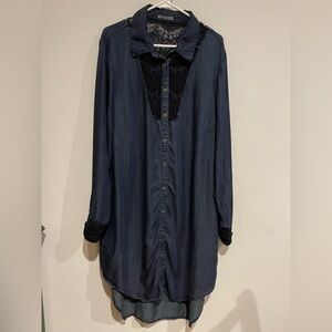 Standard Practice dark blue chambray high low shirt dress. Black lace de…